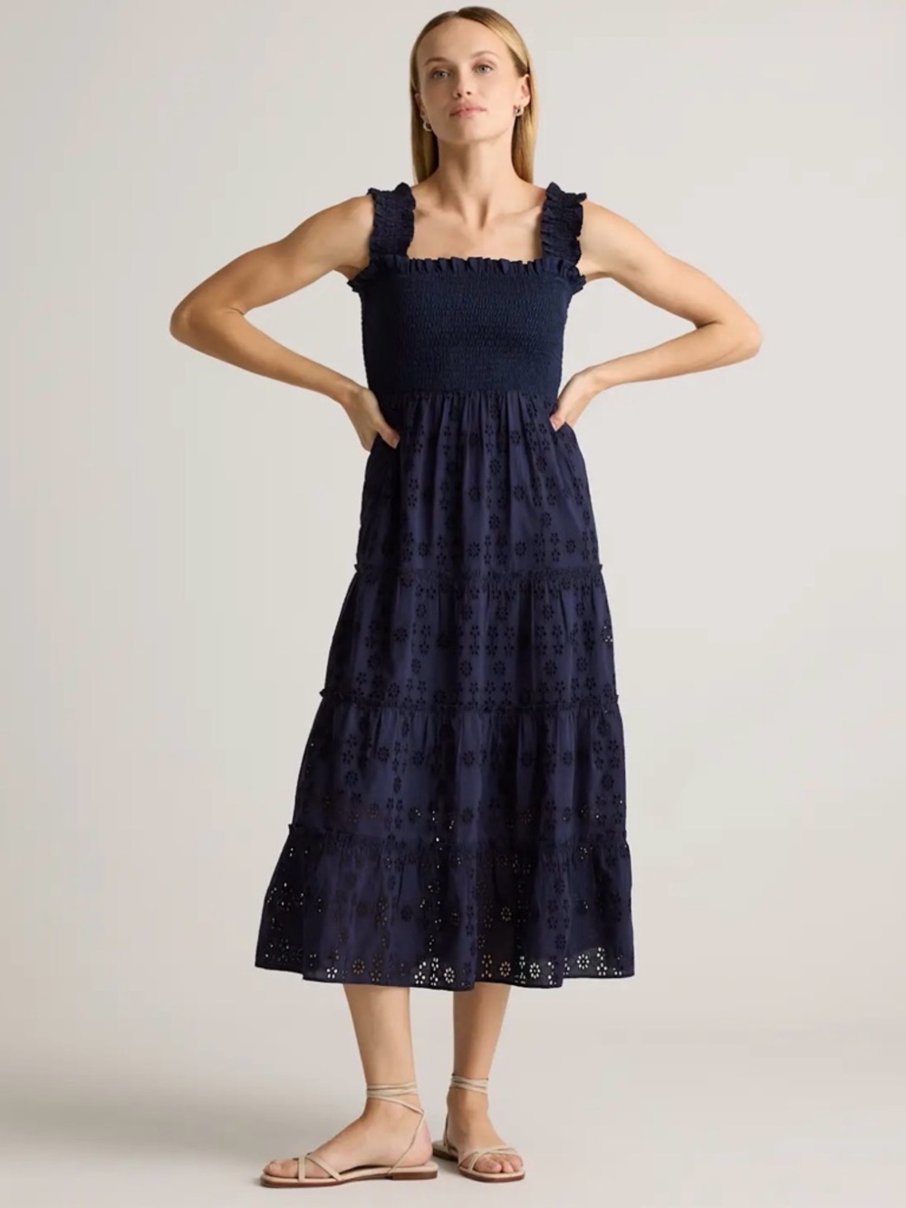 Quince organic cotton eyelet dress navy small